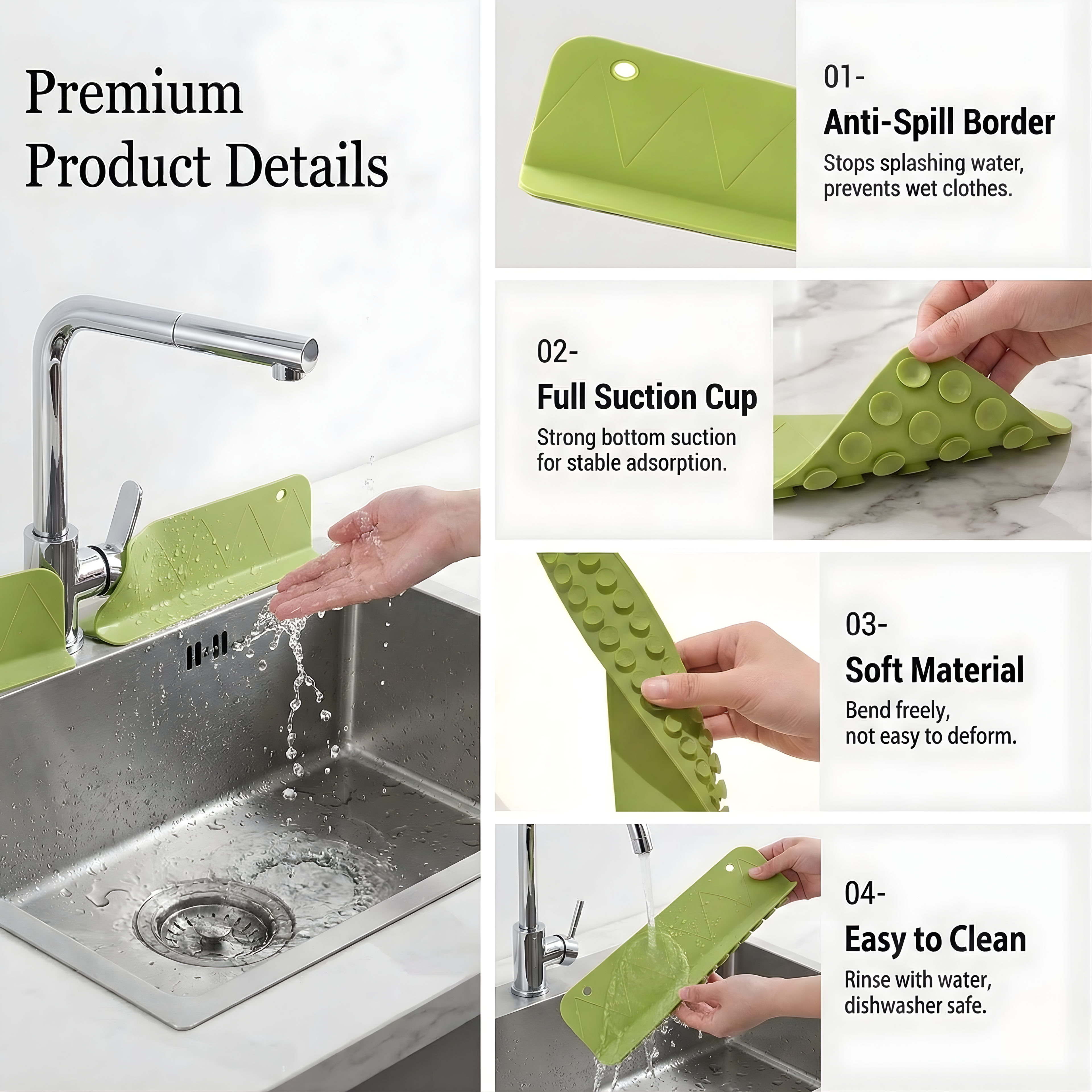 CleanMAT Silicone Sink Splash Guard – 40 cm Anti-Splash Water Barrier with Strong Suction Cups (Pack of 2)